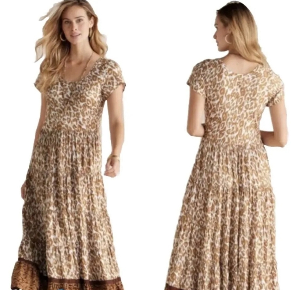 NEW Soft Surroundings Dress Sz 1X Kara Tiered Maxi Mocha Leopard Western